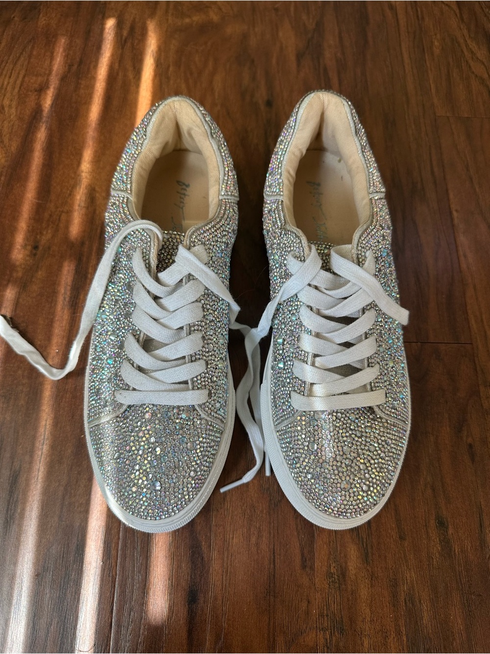 Betsey Johnson Iridescent Crystal Embellished Lace-Up Sneakers - Silver
